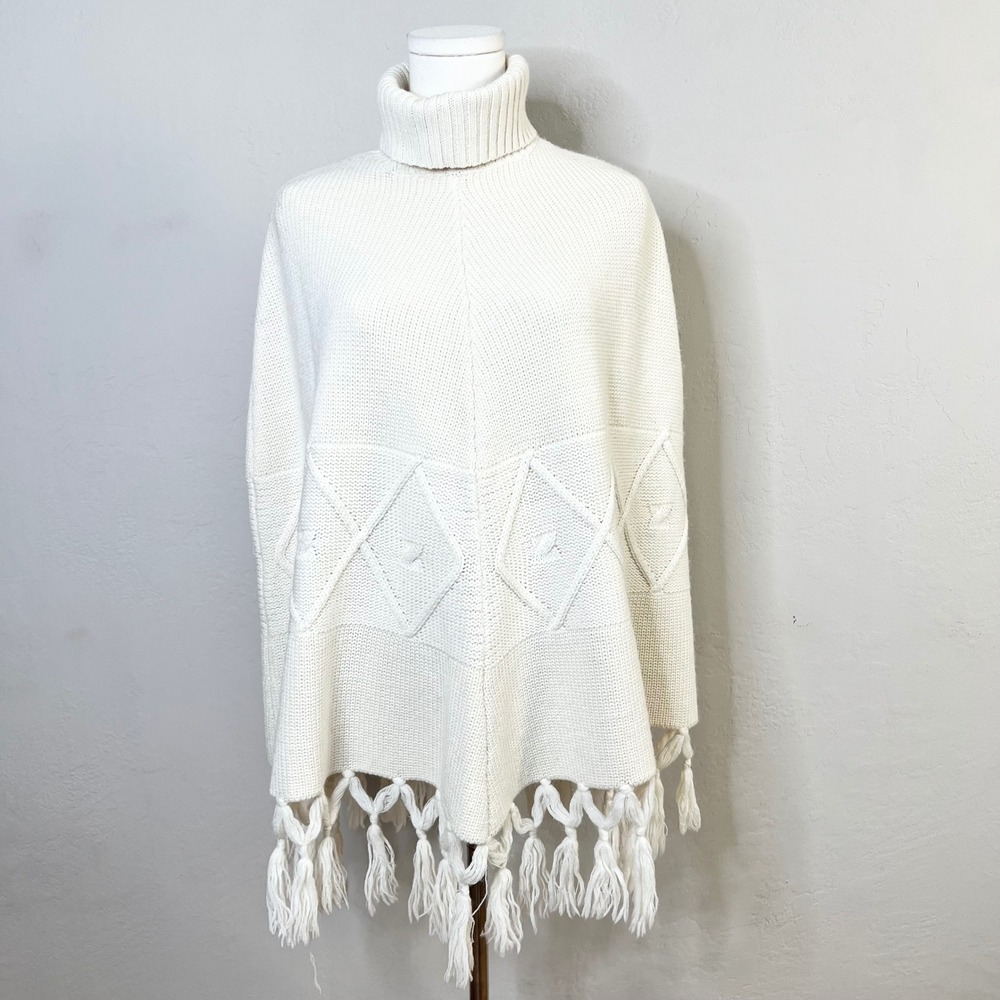 Lily Stanhope Cream Wool Blend Turtleneck Poncho Diamond Knit Fringe L/XL